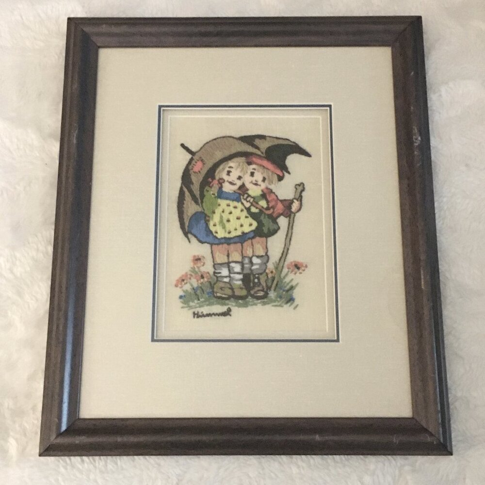 Vintage Hummel Needlework Umbrella Children Framed
